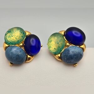 Vintage Handmade Gold-Tone Stud Earrings w/ Blue & Green Glass Stones